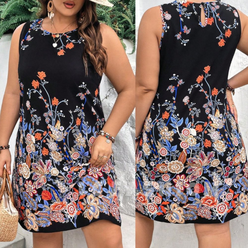 Plus Size Boho Floral Dress, Floral Print Tank Dress, Summer Sleeveless Dress